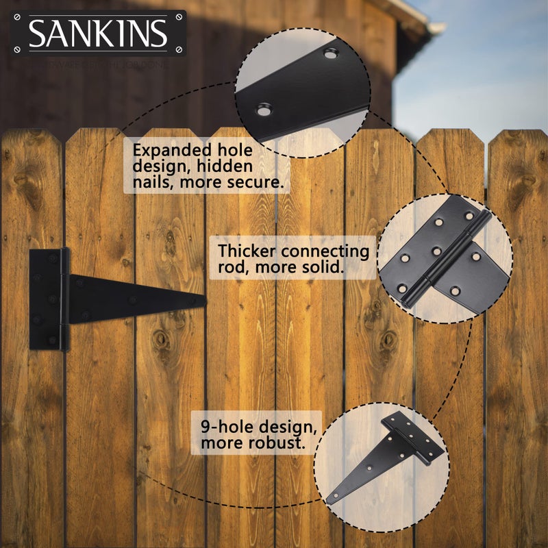 SANKINS مفصلات باب سقيفة بشريط على شكل حرف T مقاس 10 بوصات من SANKINS شديدة التحمل، مفصل تي شيرت أسود للأسوار الخشبية، باب الفناء، بوابات باب الحظيرة، أجهزة مطاوع مقاومة للصدأ، 6 قطع - Image 4